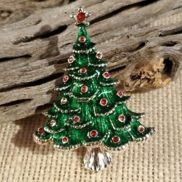 Independent Jewelry - Red Green Silver Enamel and Rhinestone Christmas Holiday Tree Brooch Sweater Pin